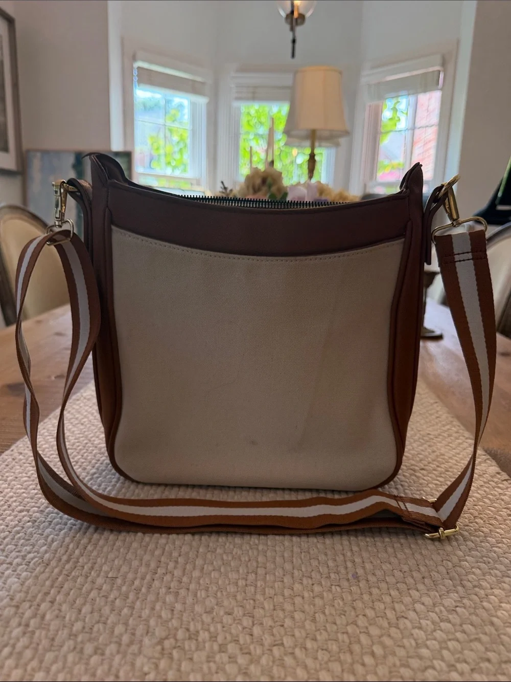 C. Wonder Beige Canvas Crossbody with Brown Trim and Striped Strap